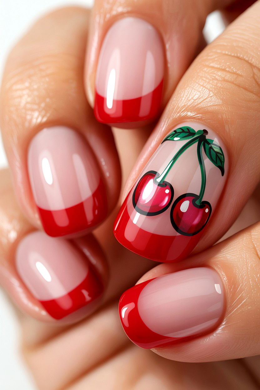 Red French Tip With Cherries - 25 Cherry Valentine's Day Nail Ideas