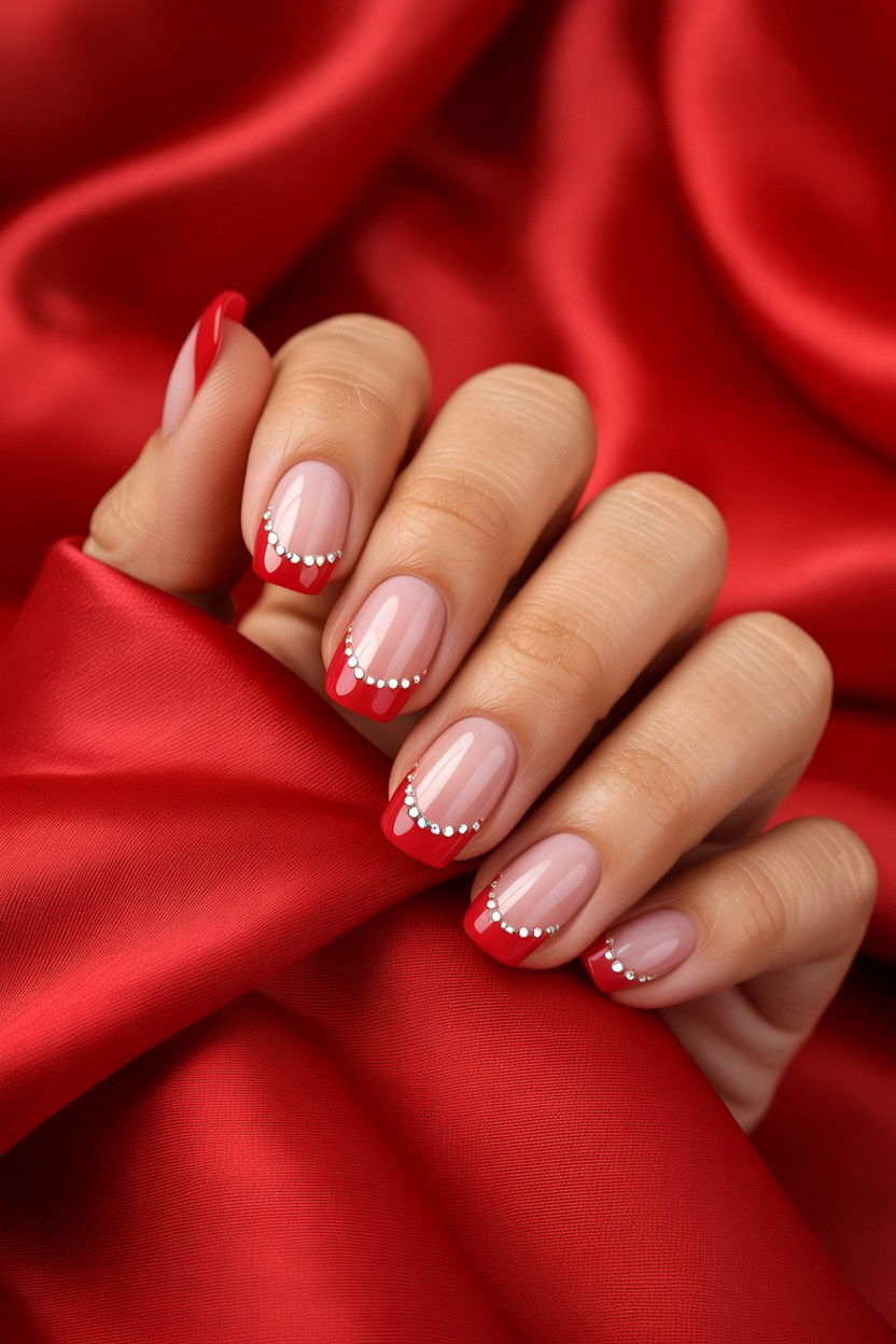 Red French Tip With Rhinestones - 25 Rhinestone Valentine's Day Nail Ideas