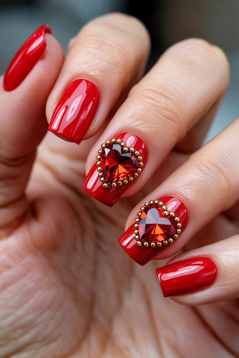 Red Gemstone Nails - 25 3D Valentine's Day Nail Art Ideas