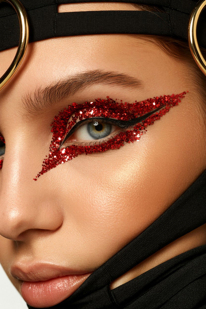 Red Glitter Winged Eyeliner - 25 Glitter Valentine's Day Makeup Looks