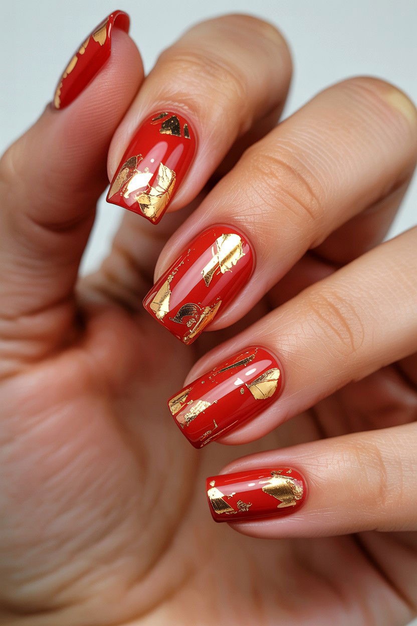 Red Gold Foil Nails - 25 Red Valentine's Day Nail Ideas