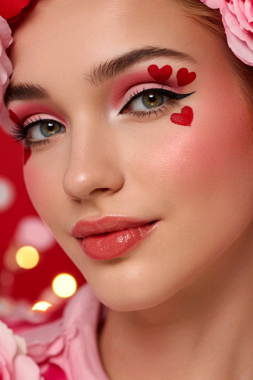 Red Heart Eye Accents - 25 Coquette Valentine's Day Makeup Ideas