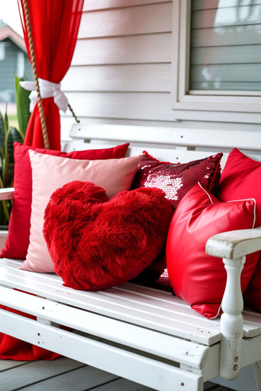 Red Heart Pillows - 25 Valentine's Day Porch Swing Ideas