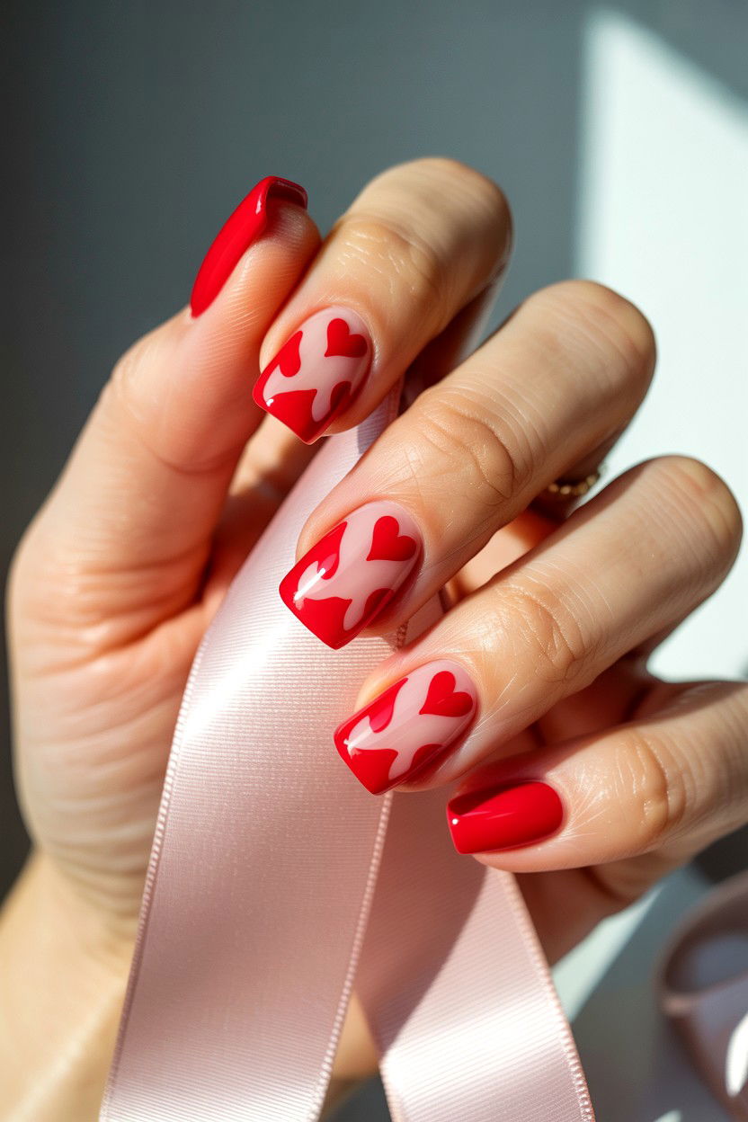 Red Heart Square Nails - 25 Valentine's Day Square Nail Ideas