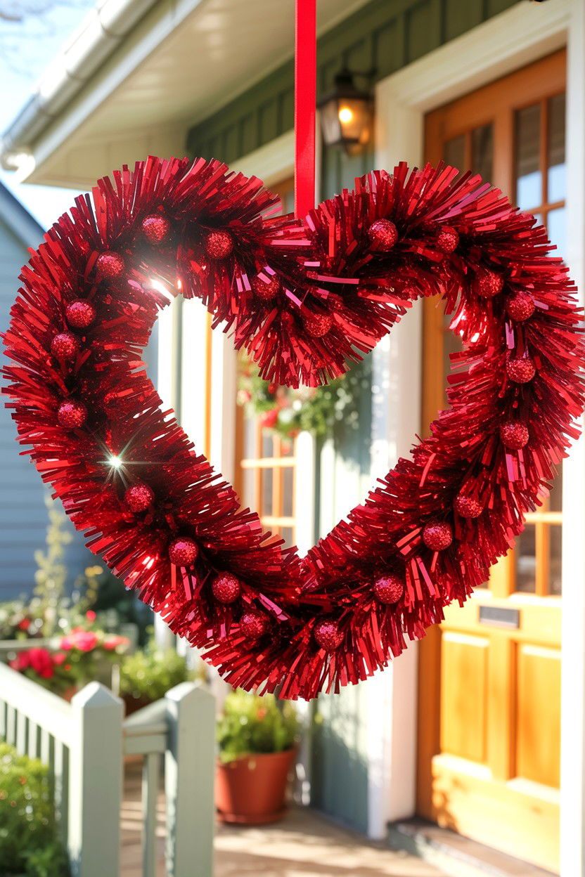 Red Heart Tinsel Wreath - 25 Dollar Store Valentine's Day Wreath Ideas