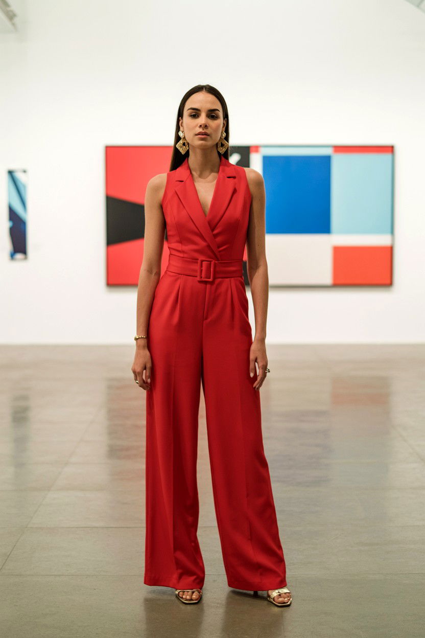 Red Jumpsuit With Waist Belt - 25 Red Valentine's Day Outfits