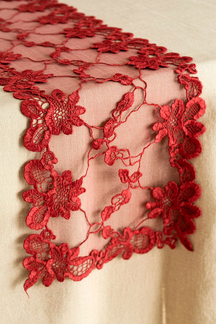 Red Lace Table Runner - 25 Valentine's Day Table Runner Ideas