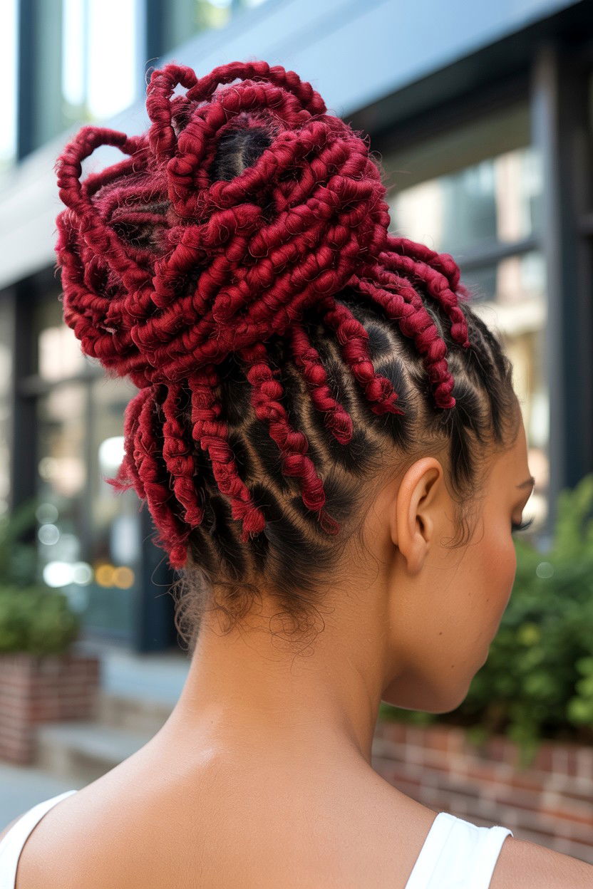 Red Loc Petal Bun - 25 Valentine's Day Loc Hairstyle Ideas
