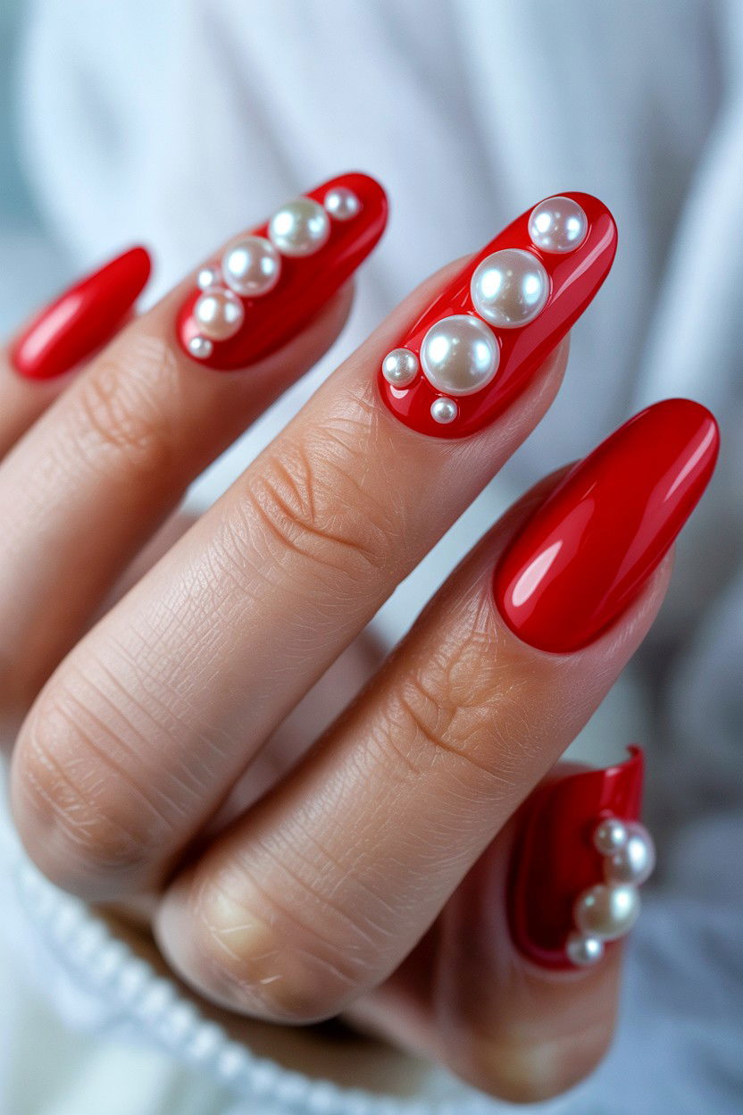 Red Nails With Pearls - 25 Pearl Valentine's Day Nail Ideas