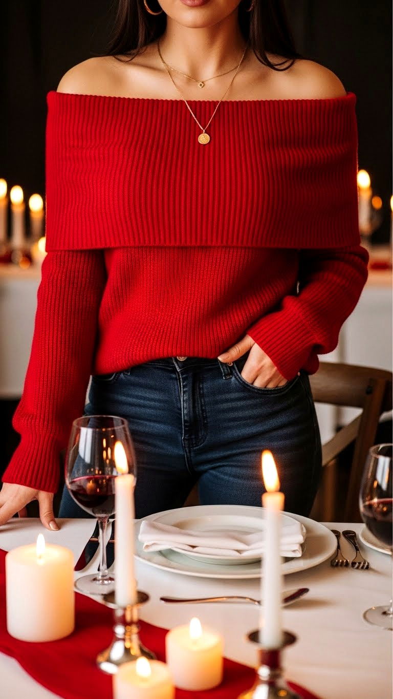 Red Off The Shoulder Knit - 25 valentine's day sweater ideas