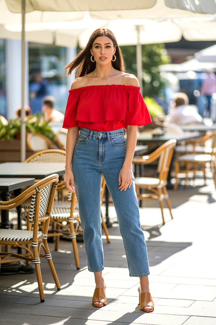 Red Off The Shoulder Top And Jeans - 25 Red Valentine's Day Outfits