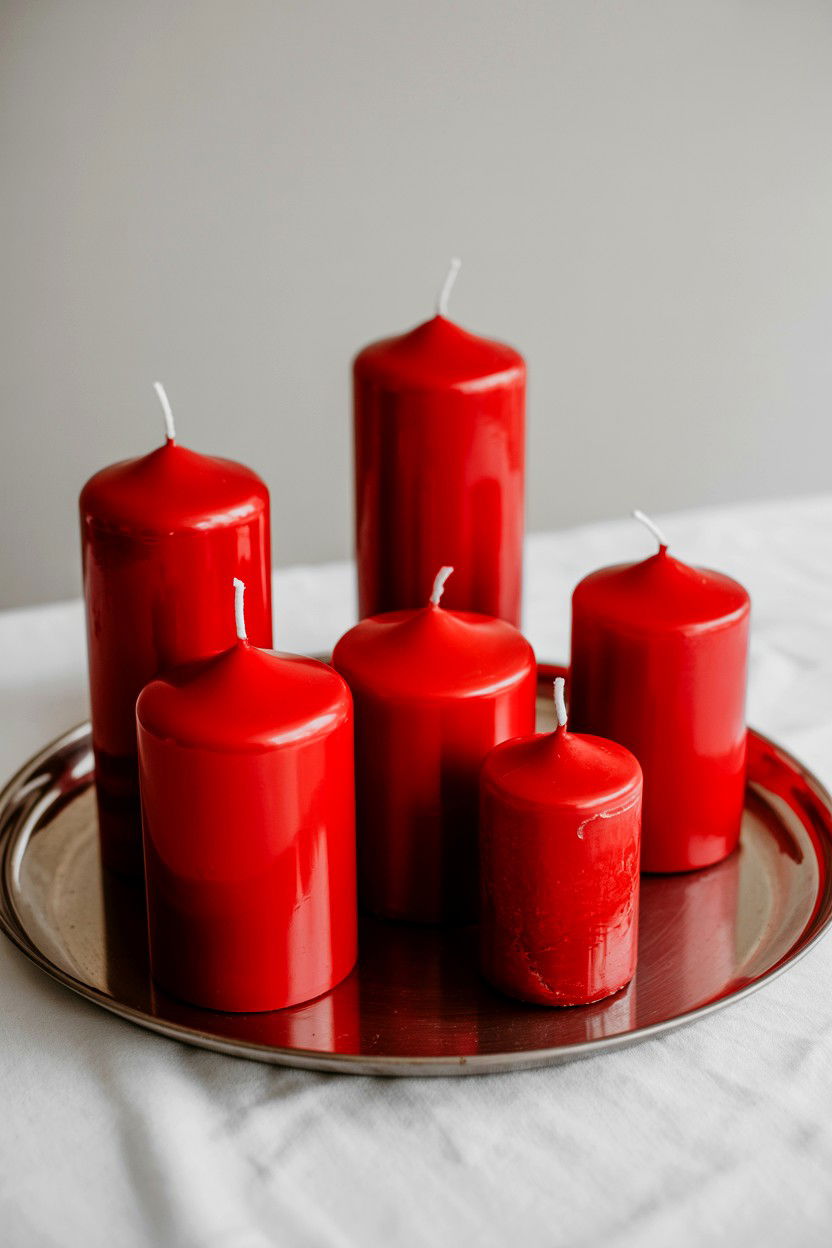 Red Pillar Candles On Silver Tray - 25 Valentine's Day Candle Centerpiece Ideas