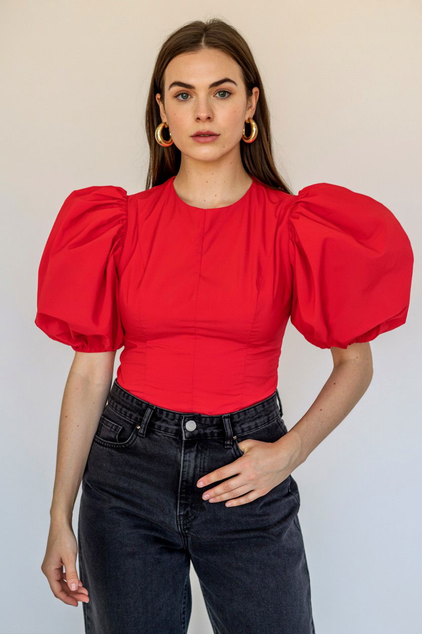 Red Puff Sleeve Top - 25 Valentine's Day Photo Outfit Ideas