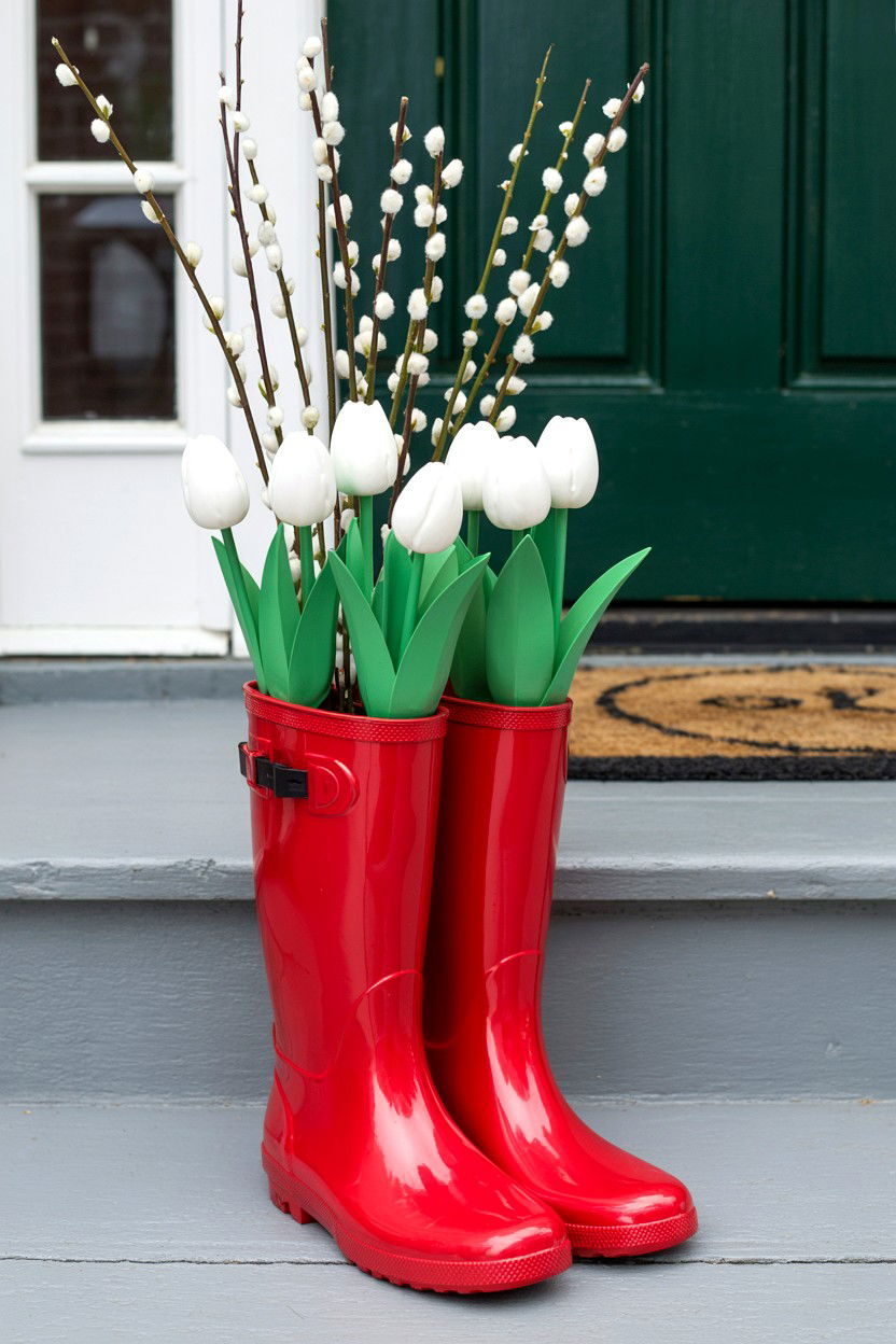 Red Rain Boots - 25 Valentine's Day Porch Decorating Ideas