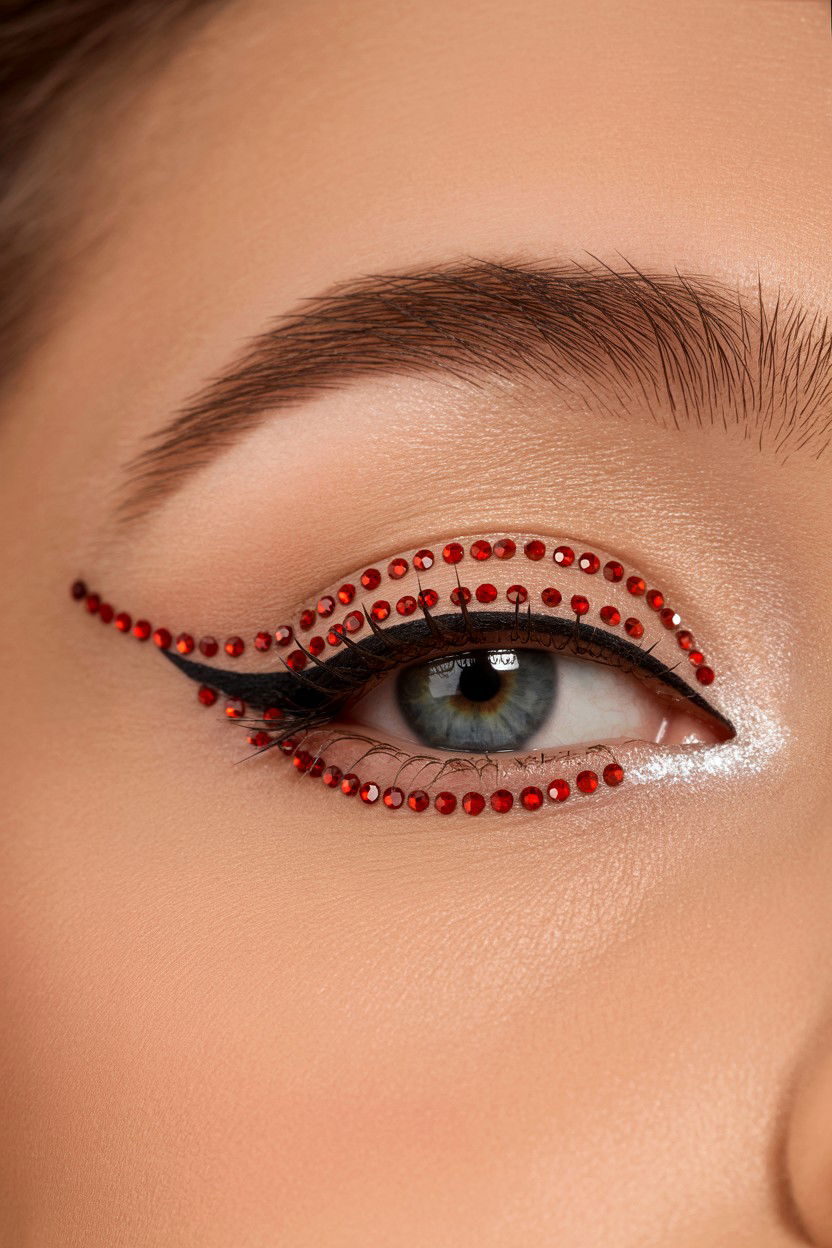 Red Rhinestone Eyeliner - 25 Valentine's Day Graphic Liner Ideas