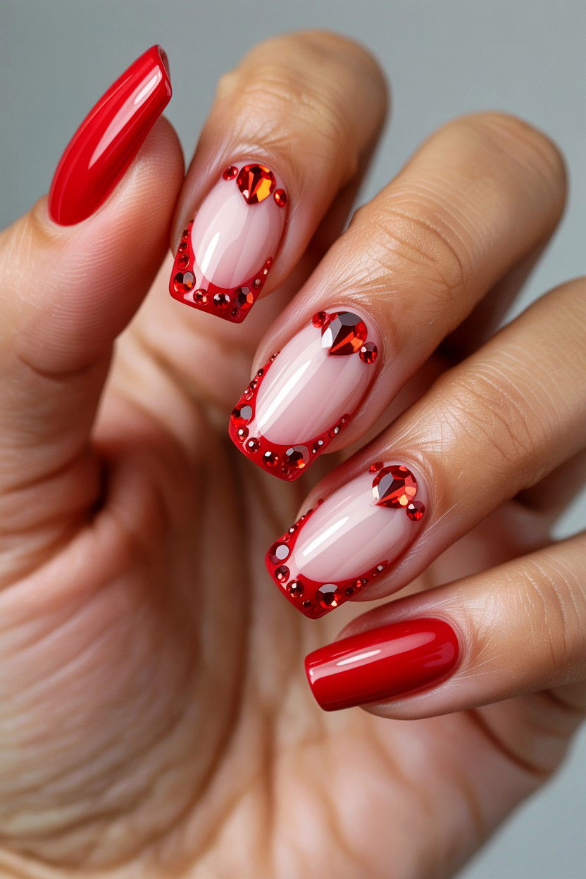 Red Rhinestone Nails - 25 Red Valentine's Day Nail Ideas