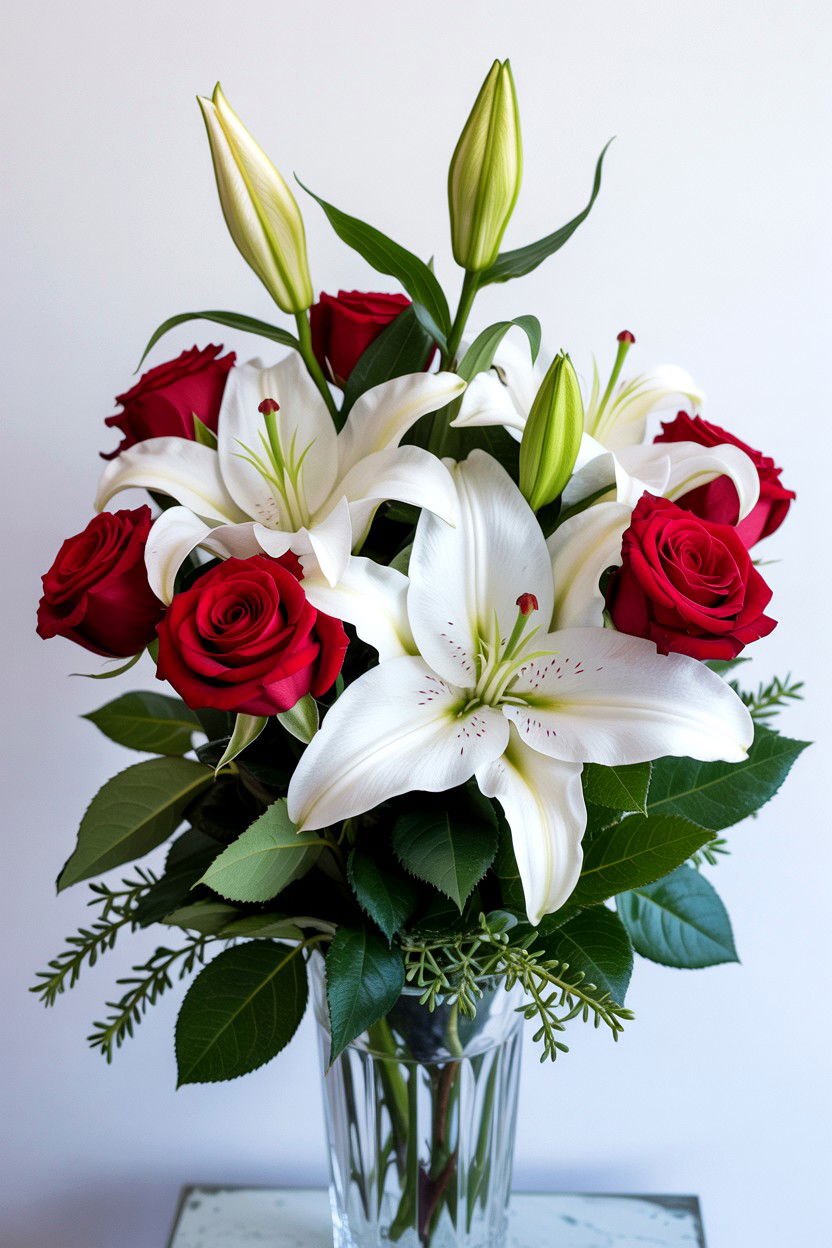 Red Rose And White Lily Bouquet - 25 Valentine's Day Mixed Bouquet Ideas