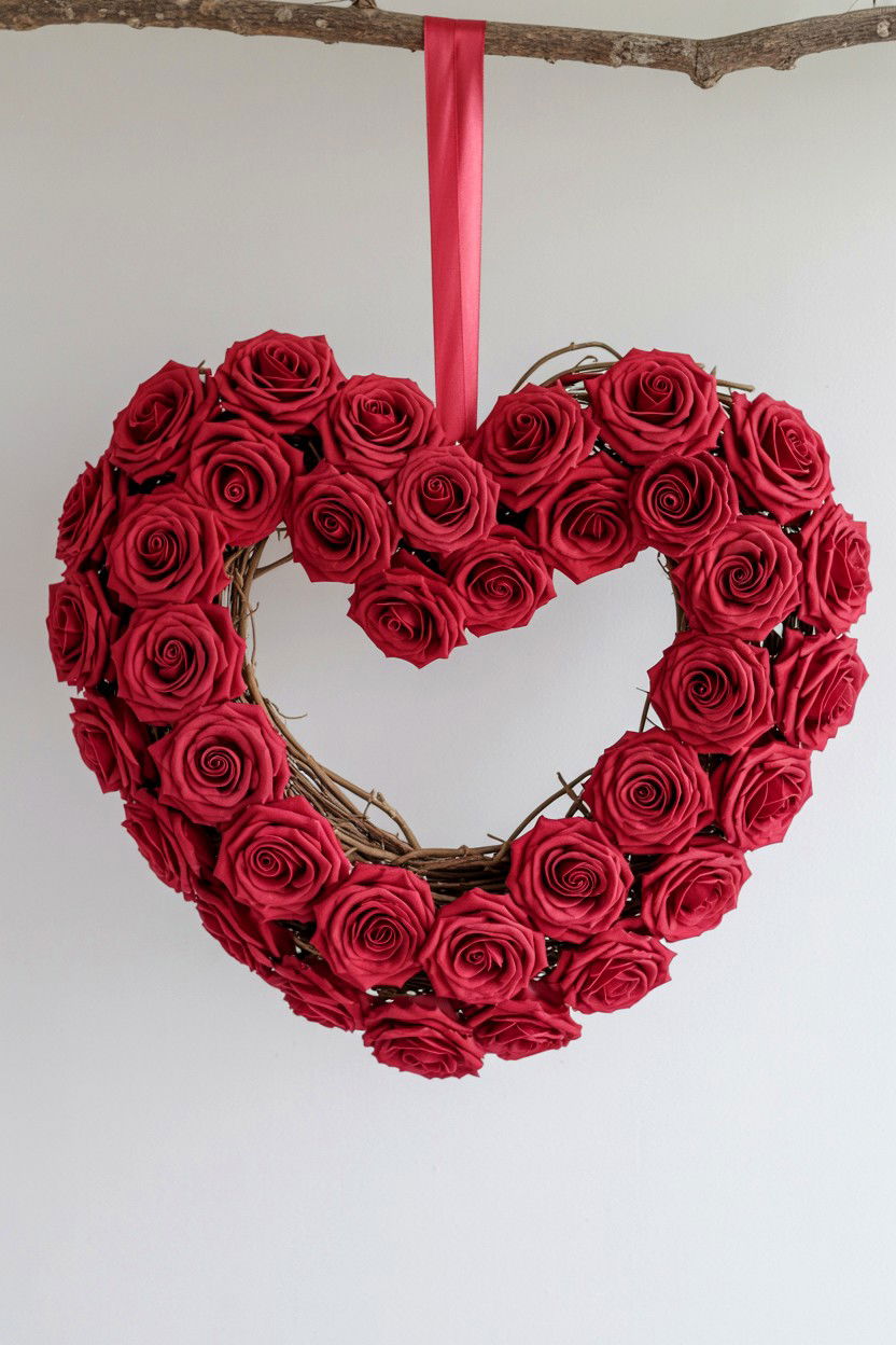 Red Rose Heart Wreath - 25 Valentine's Day Fake Flower Ideas