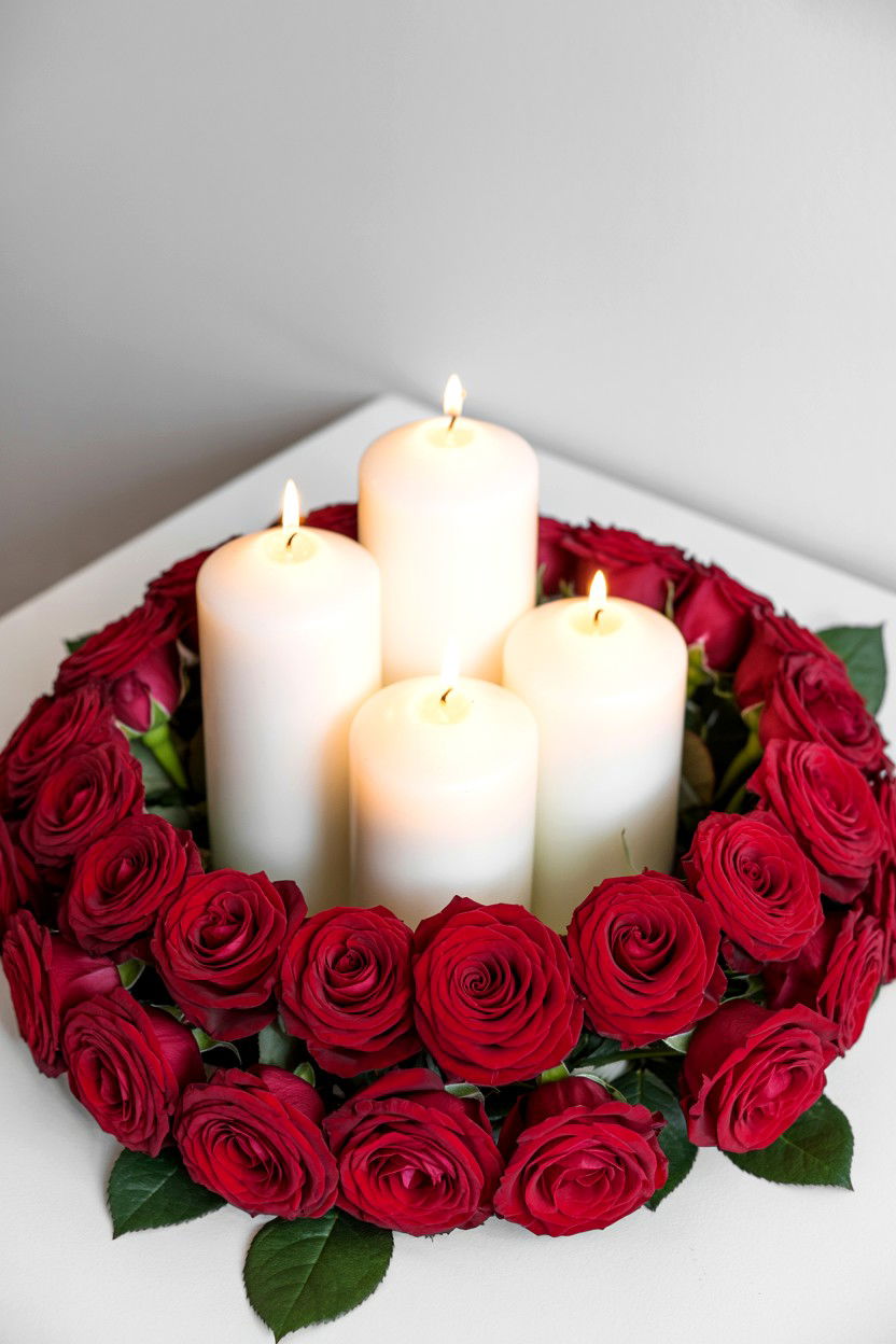 Red Roses And White Candles - 25 Valentine's Day Candle Centerpiece Ideas