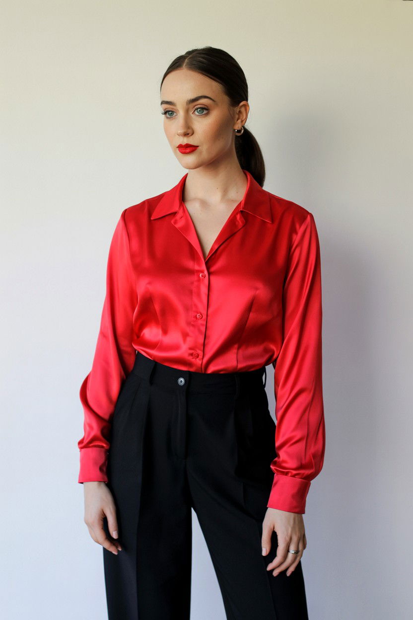 Red Satin Blouse - 25 Valentine's Day Photo Outfit Ideas