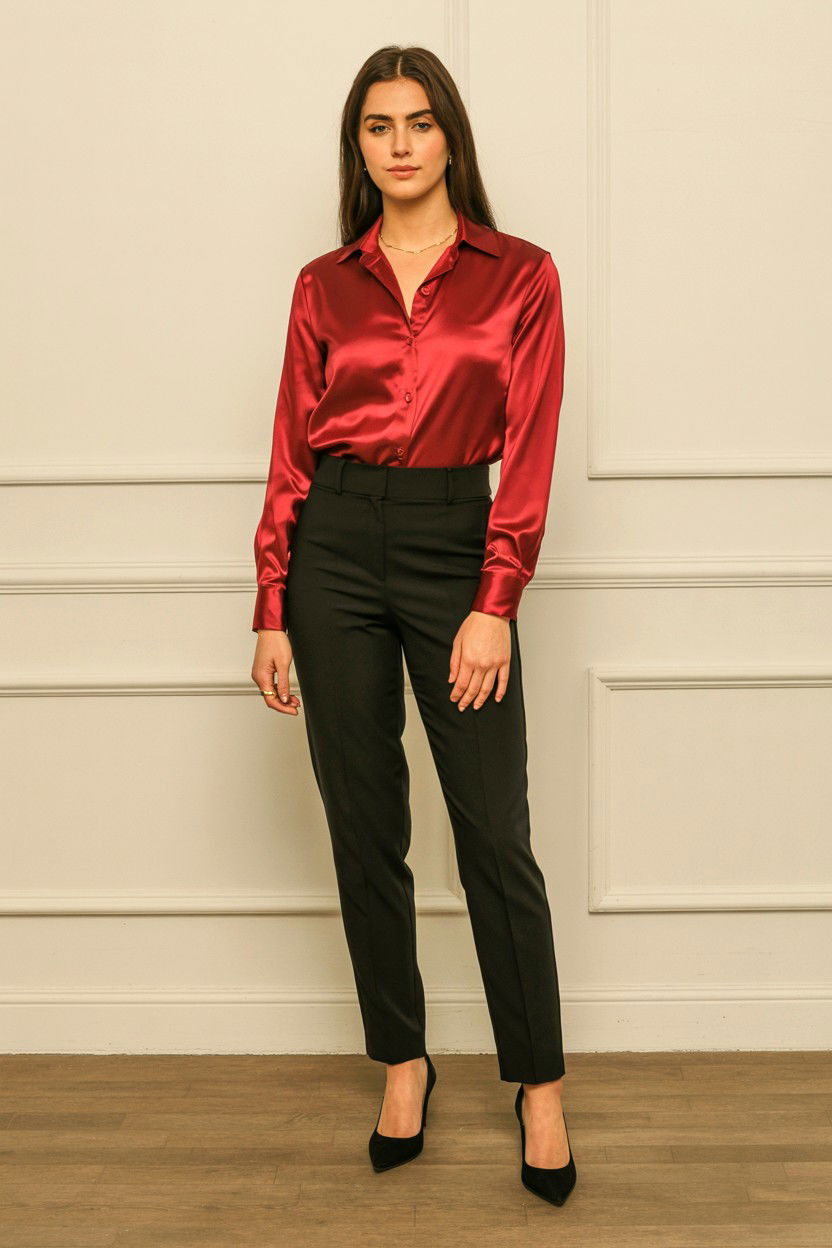 Red Satin Button Down Shirt - 25 Red Valentine's Day Outfits