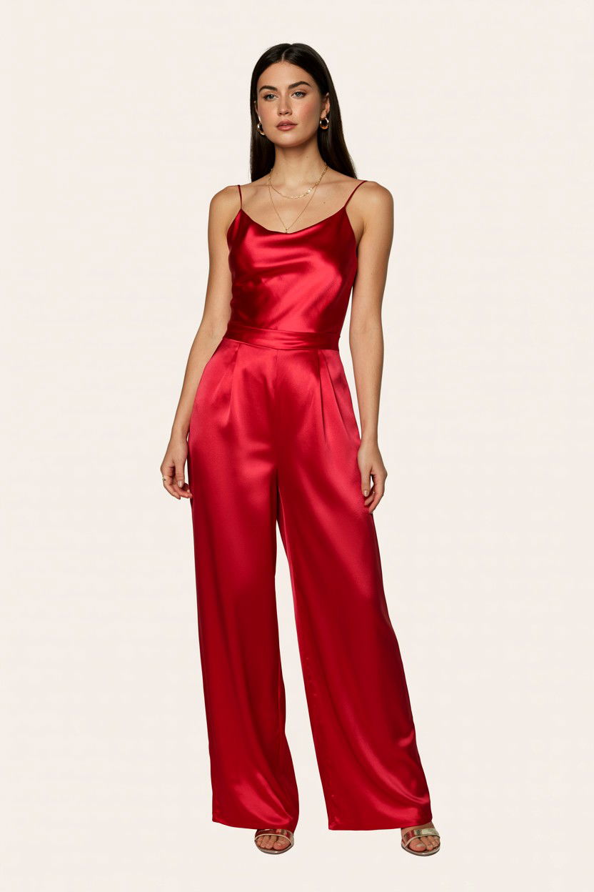 Red Satin Jumpsuit - 25 Valentine's Day Jumpsuit Ideas