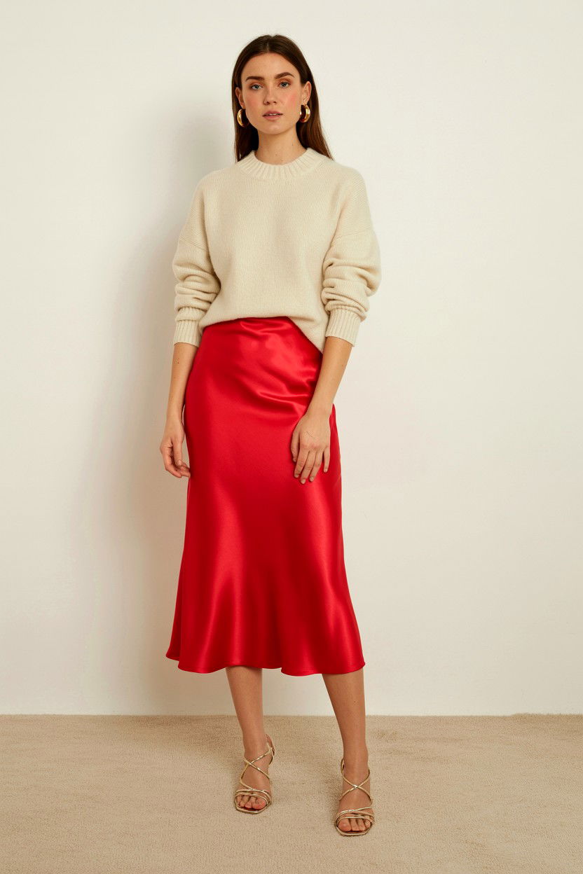 Red Satin Midi Skirt - 25 Valentine's Day Skirt Outfits