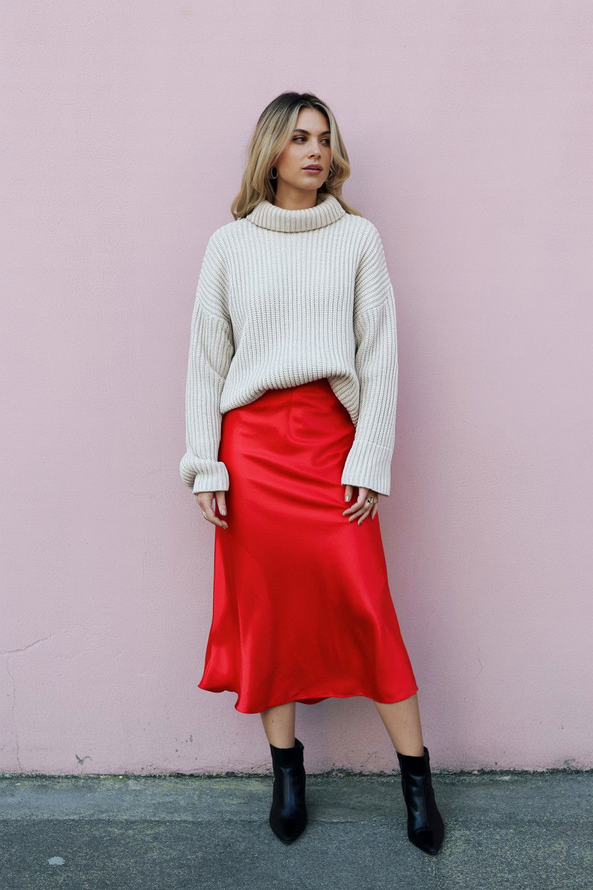 Red Satin Skirt - 25 Valentine's Day Work Outfits