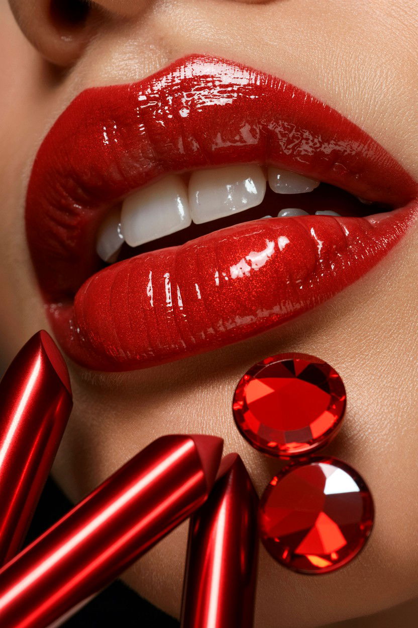 Red Shimmer Glossy Lip - 25 Glitter Valentine's Day Makeup Looks