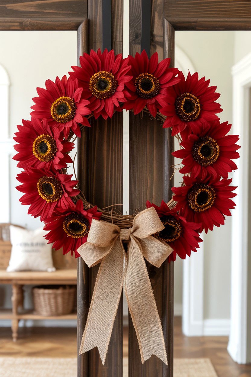 Red Sunflower Wreath - 25 Double Door Valentine's Day Wreath Ideas
