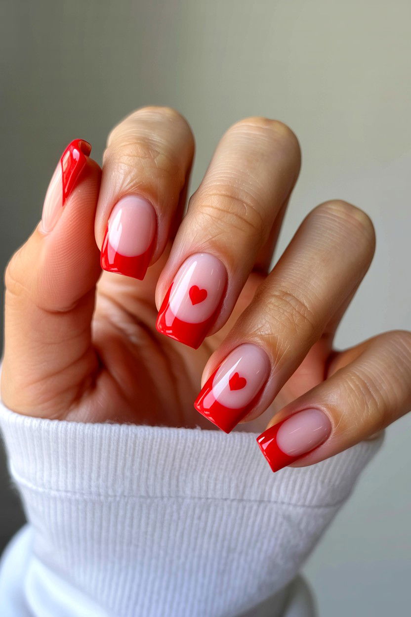 Red Tip With Heart Nails - 25 Red Valentine's Day Nail Ideas