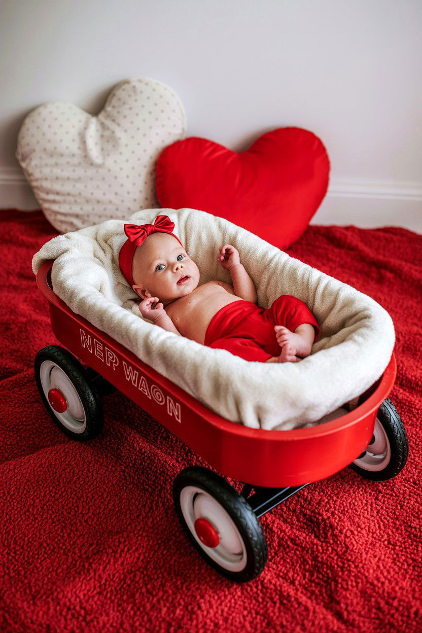 Red Toy Wagon - 25 Valentine's Day Newborn Photo Ideas