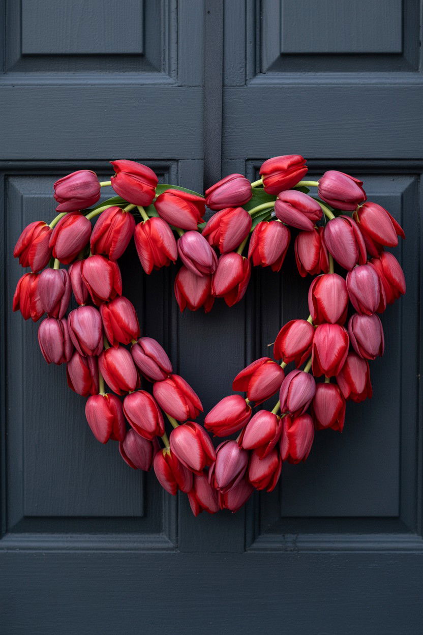 Red Tulip Heart Wreath - 25 Tulip Valentine's Day Wreath Ideas
