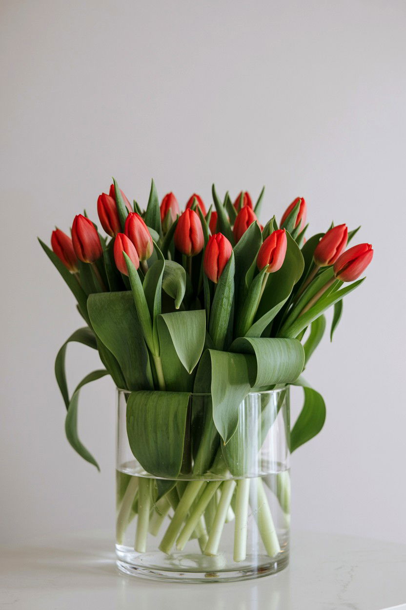 Red Tulips In Glass Vase - 25 Valentine's Day Tulip Arrangement Ideas