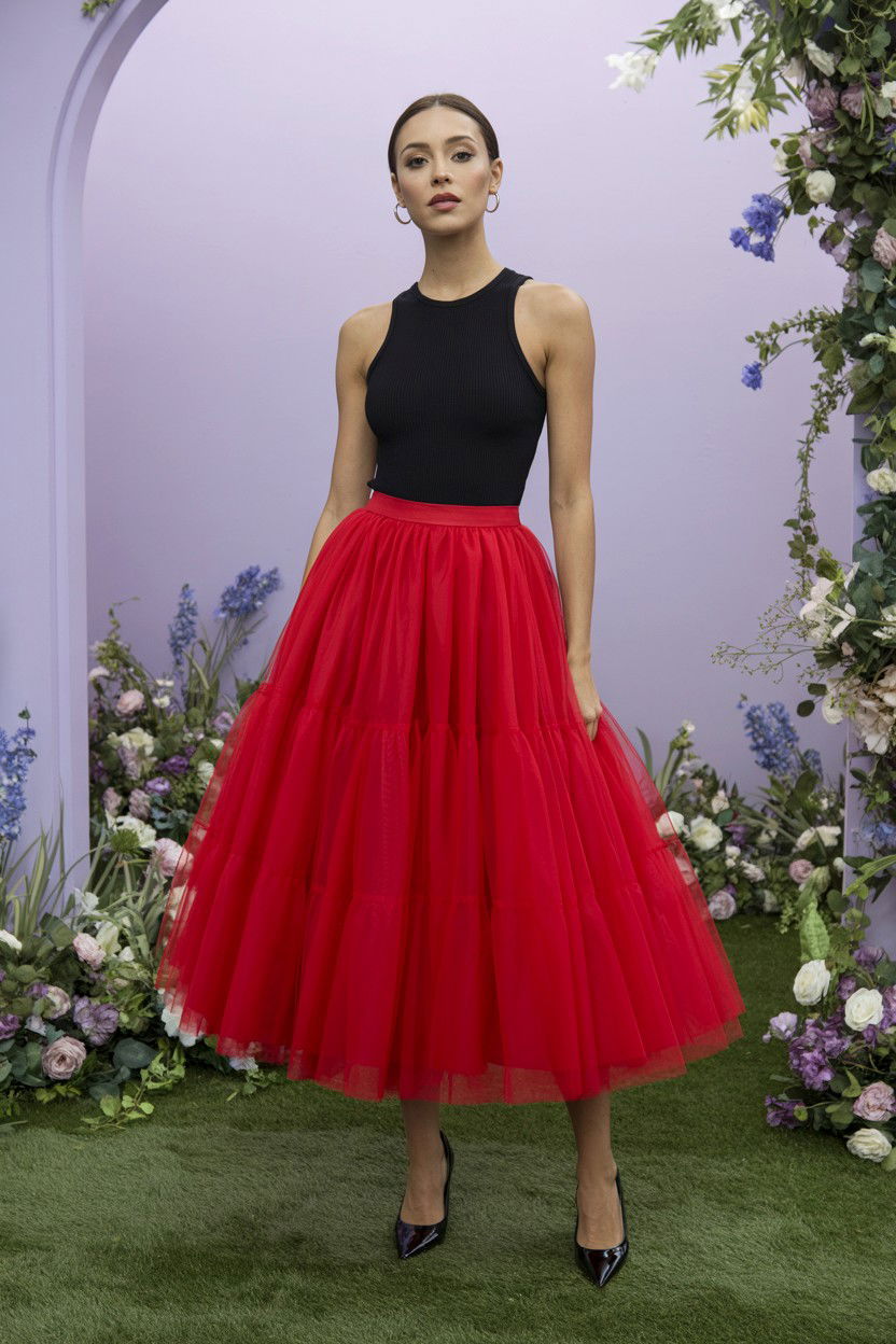 Red Tulle Midi Skirt - 25 Red Valentine's Day Outfits
