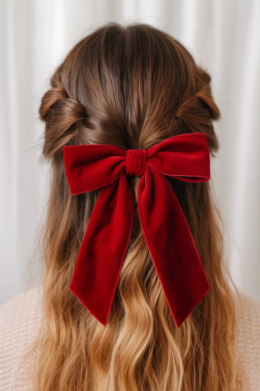 Red Velvet Bow Hairstyle - 25 Valentine's Day Ribbon Hair Ideas