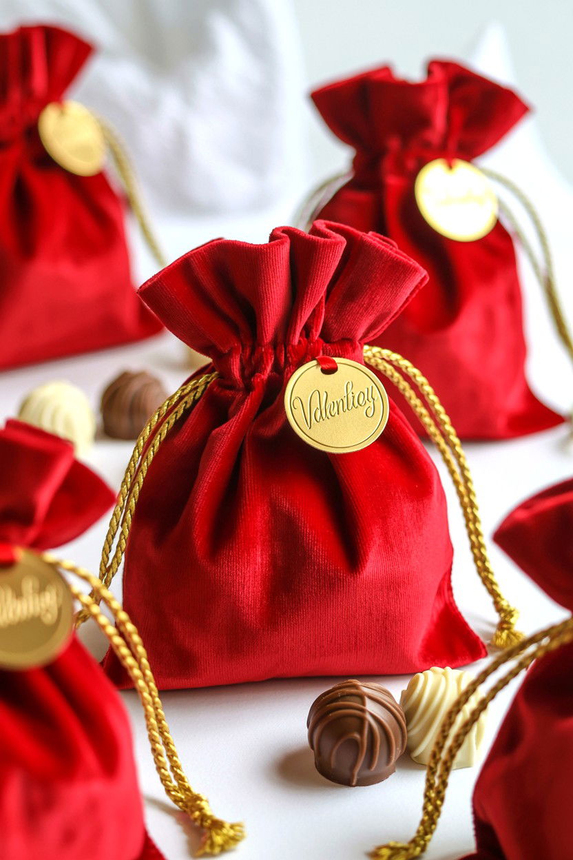Red Velvet Drawstring Bags - 25 Valentine's Day Candy Bag Ideas
