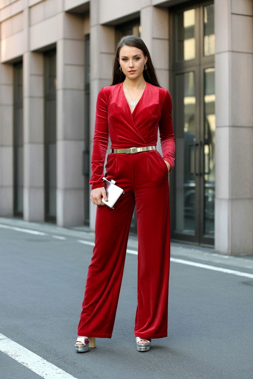 Red Velvet Jumpsuit - 25 Valentine's Day Outfit Ideas