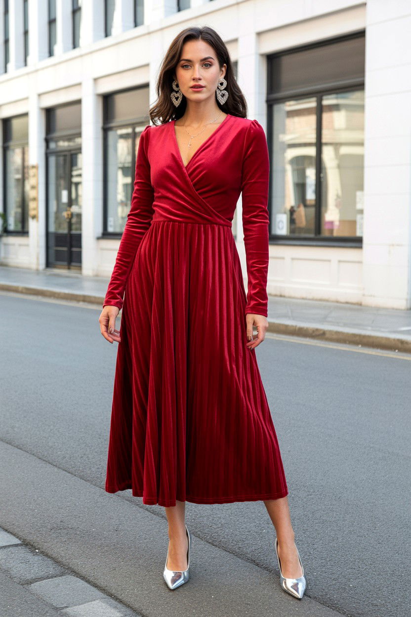 Red Velvet Long Sleeve Dress - 25 Valentine's Day Midi Dress Ideas