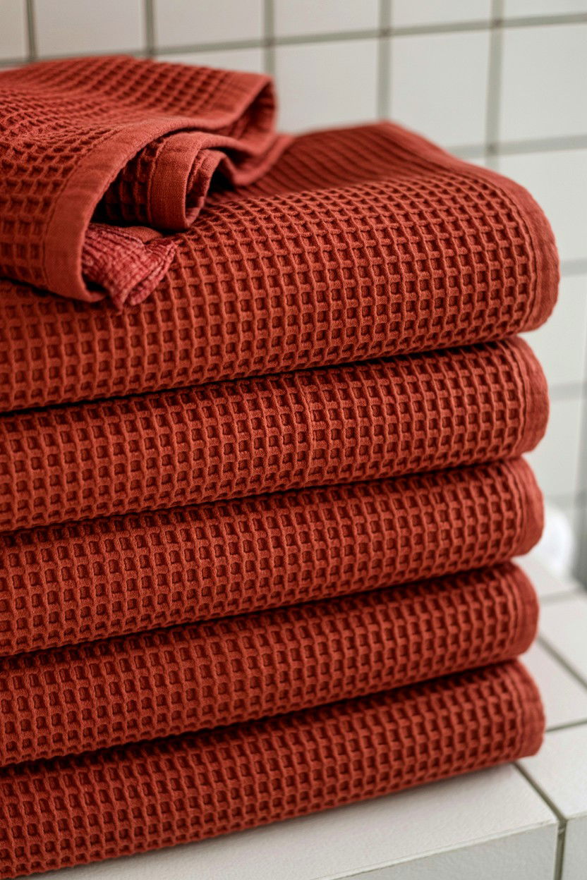 Red Waffle Weave Towels - 25 Valentine's Day Bathroom Decor Ideas