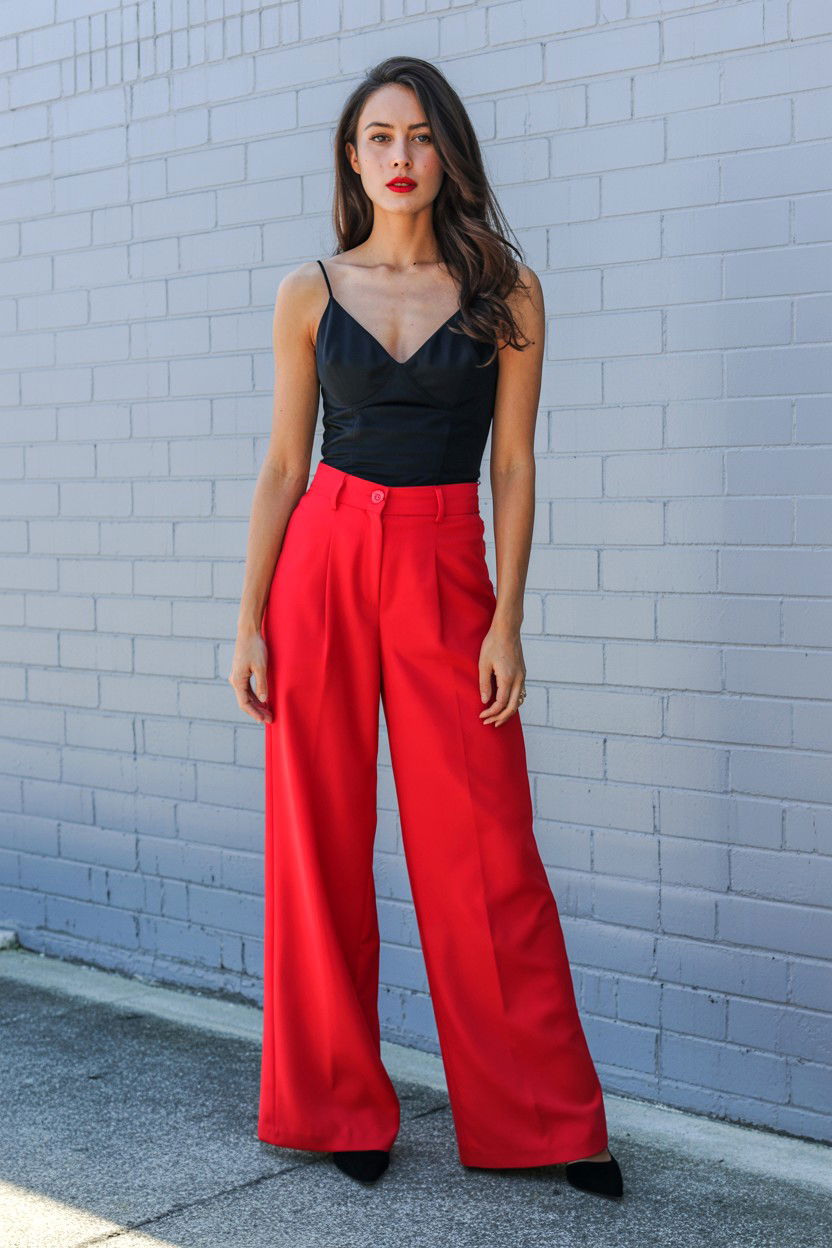 Red Wide Leg Trousers - 25 Valentine's Day Work Outfits