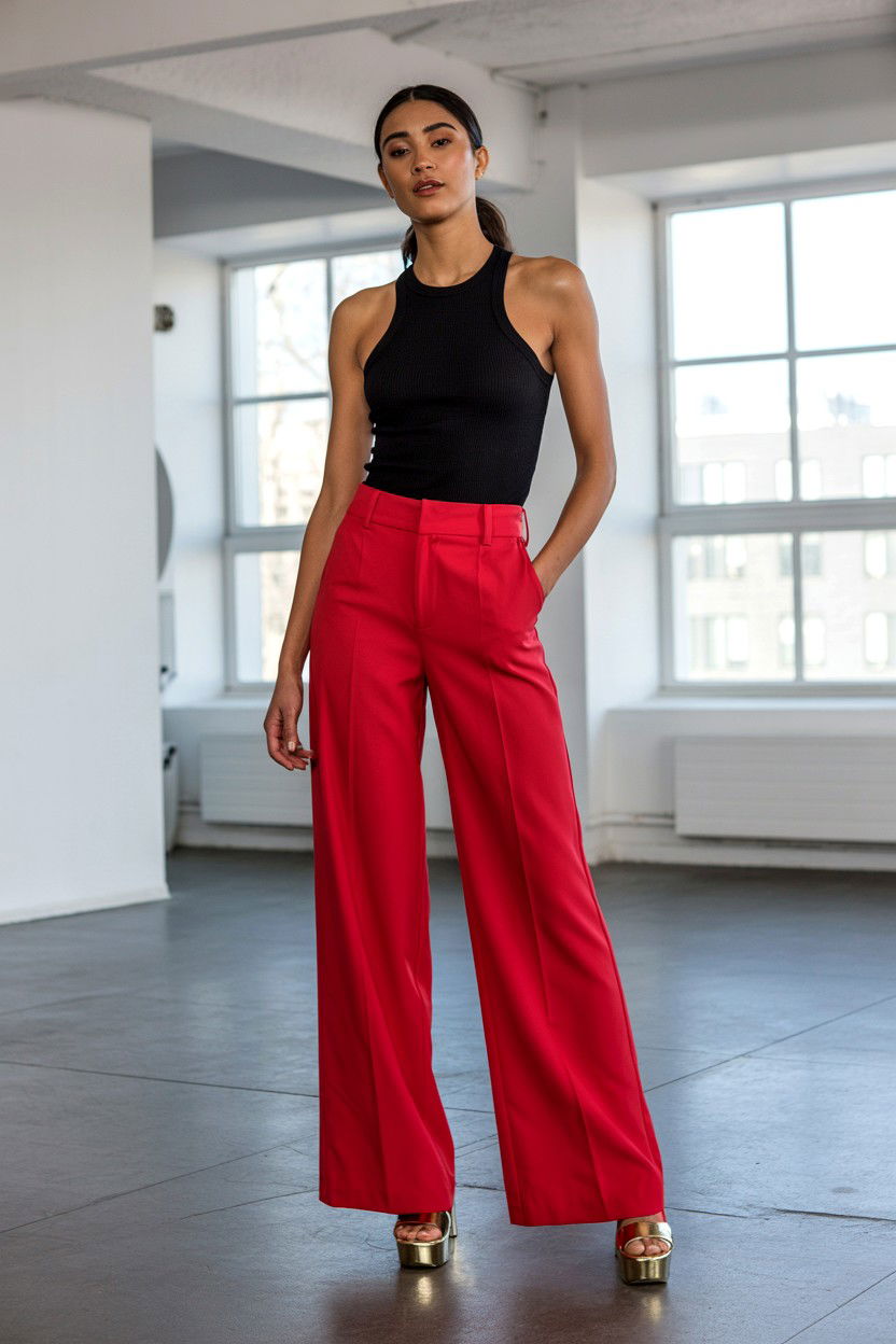Red Wide Leg Trousers And Bodysuit - 25 Red Valentine's Day Outfits