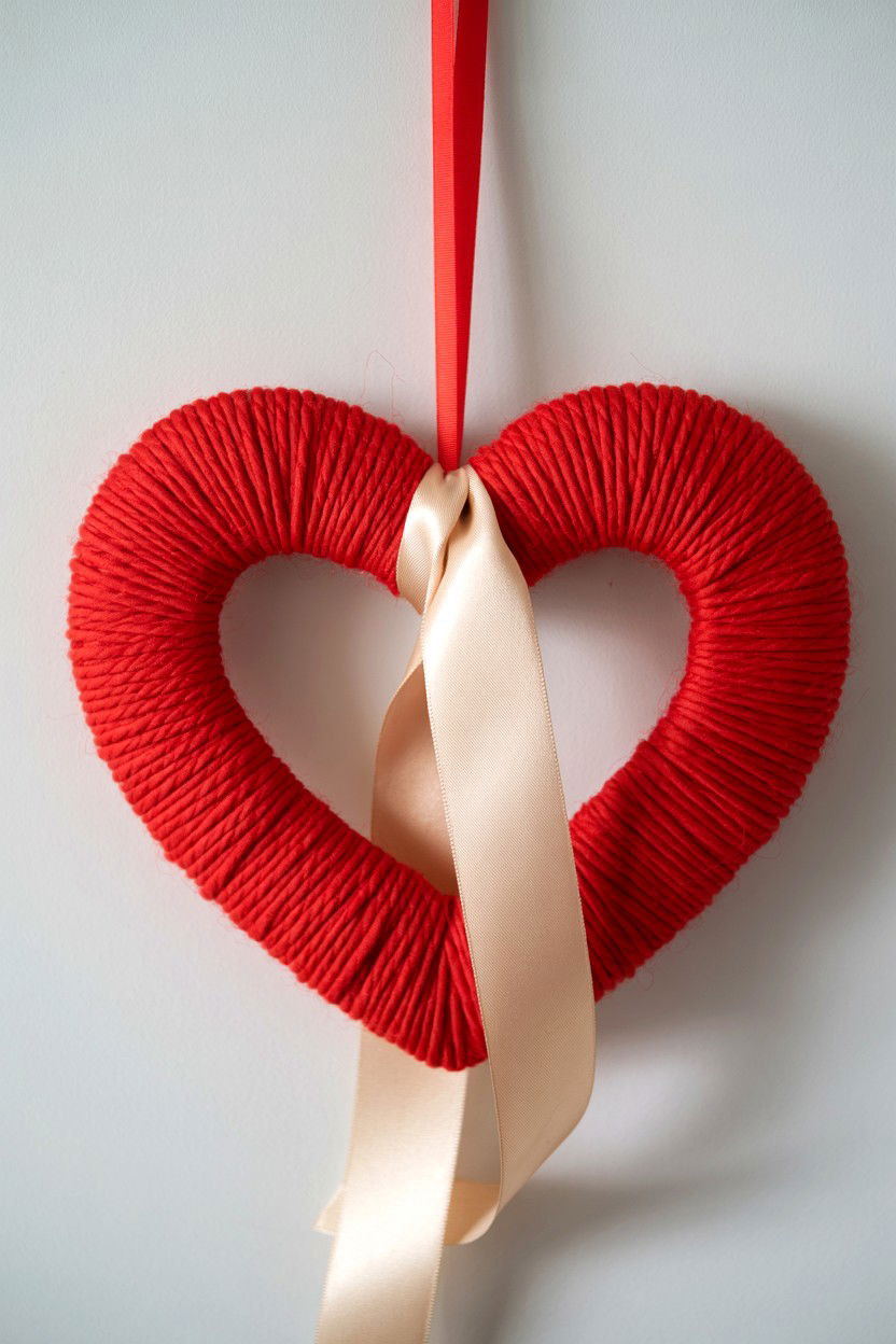 Red Yarn Heart Wreath - 25 Red Valentine's Day Wreath Ideas