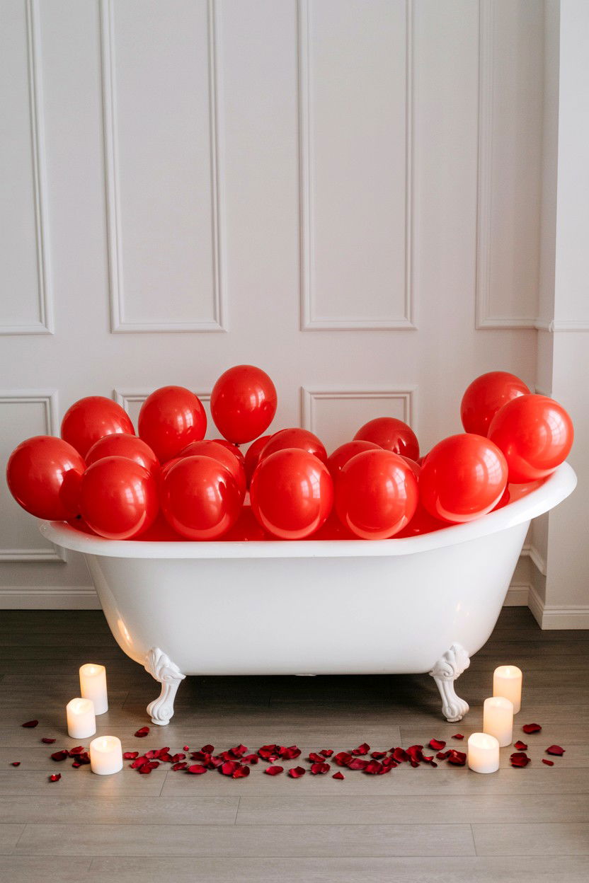 Red balloon bathtub surprise - 25 Valentine's Day Red Balloon Ideas
