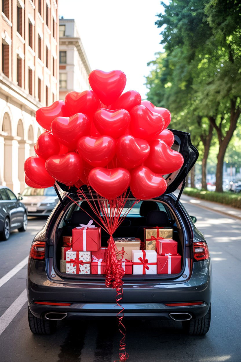 Red balloon car trunk surprise - 25 Valentine's Day Red Balloon Ideas