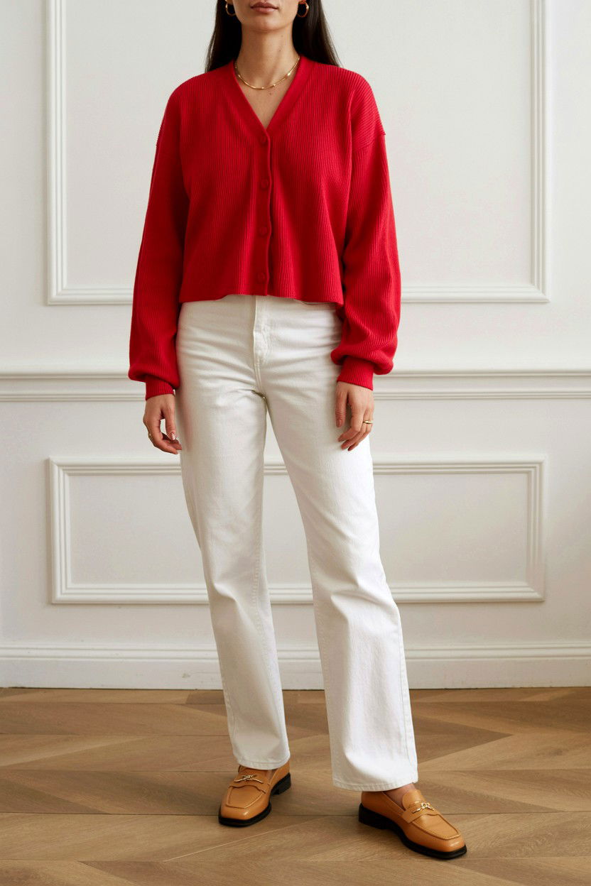 Red cashmere cardigan and white jeans - 25 Valentine's Day Quiet Luxury Outfits