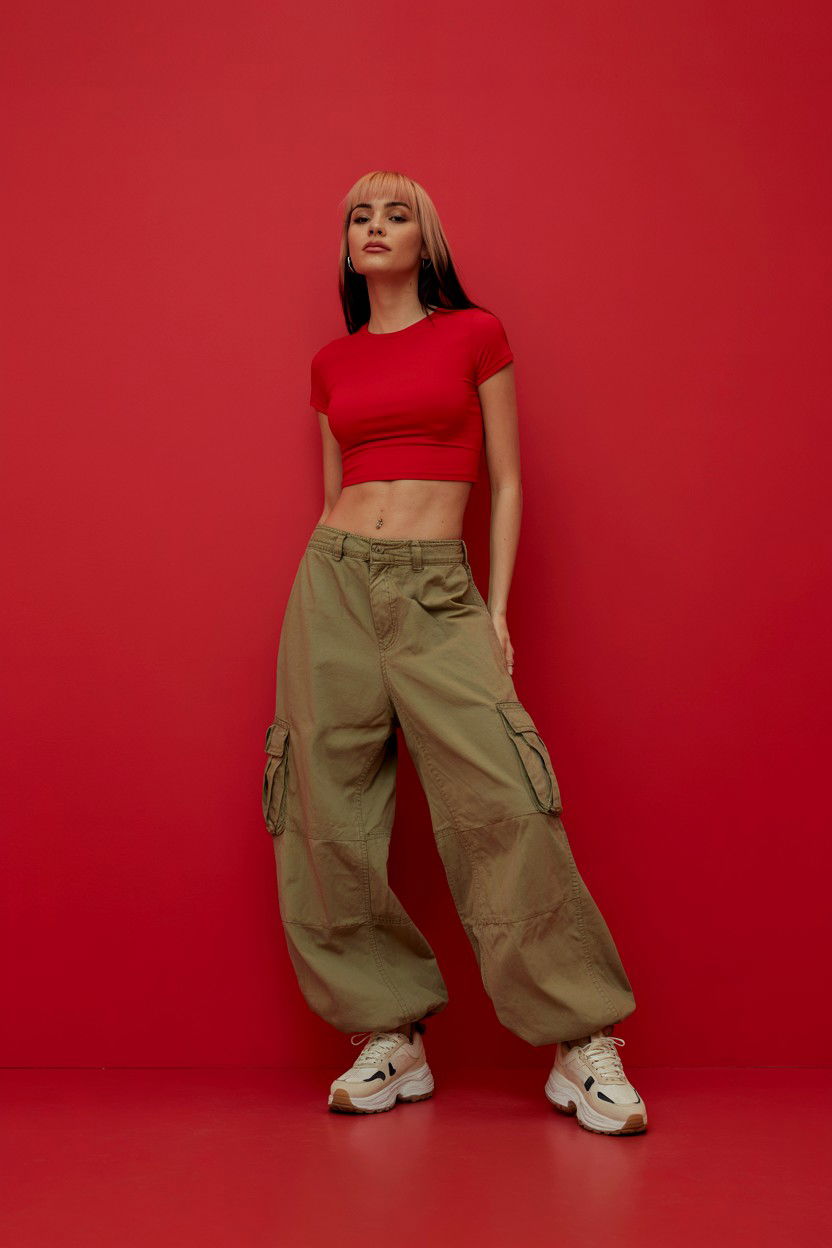 Red crop top and baggy cargo pants - 25 Valentine's Day Outfits for Teens