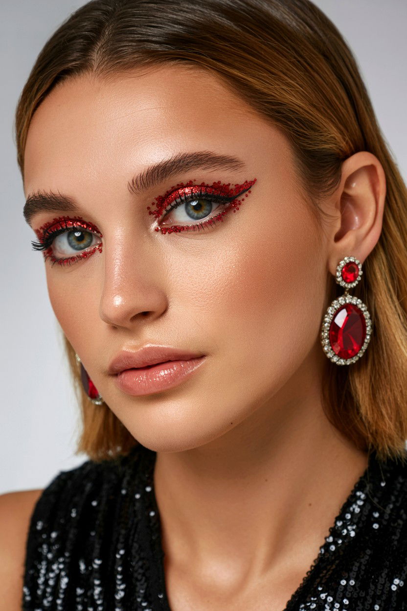 Red glitter eyeliner - 25 Valentine's Day Eyeliner Ideas