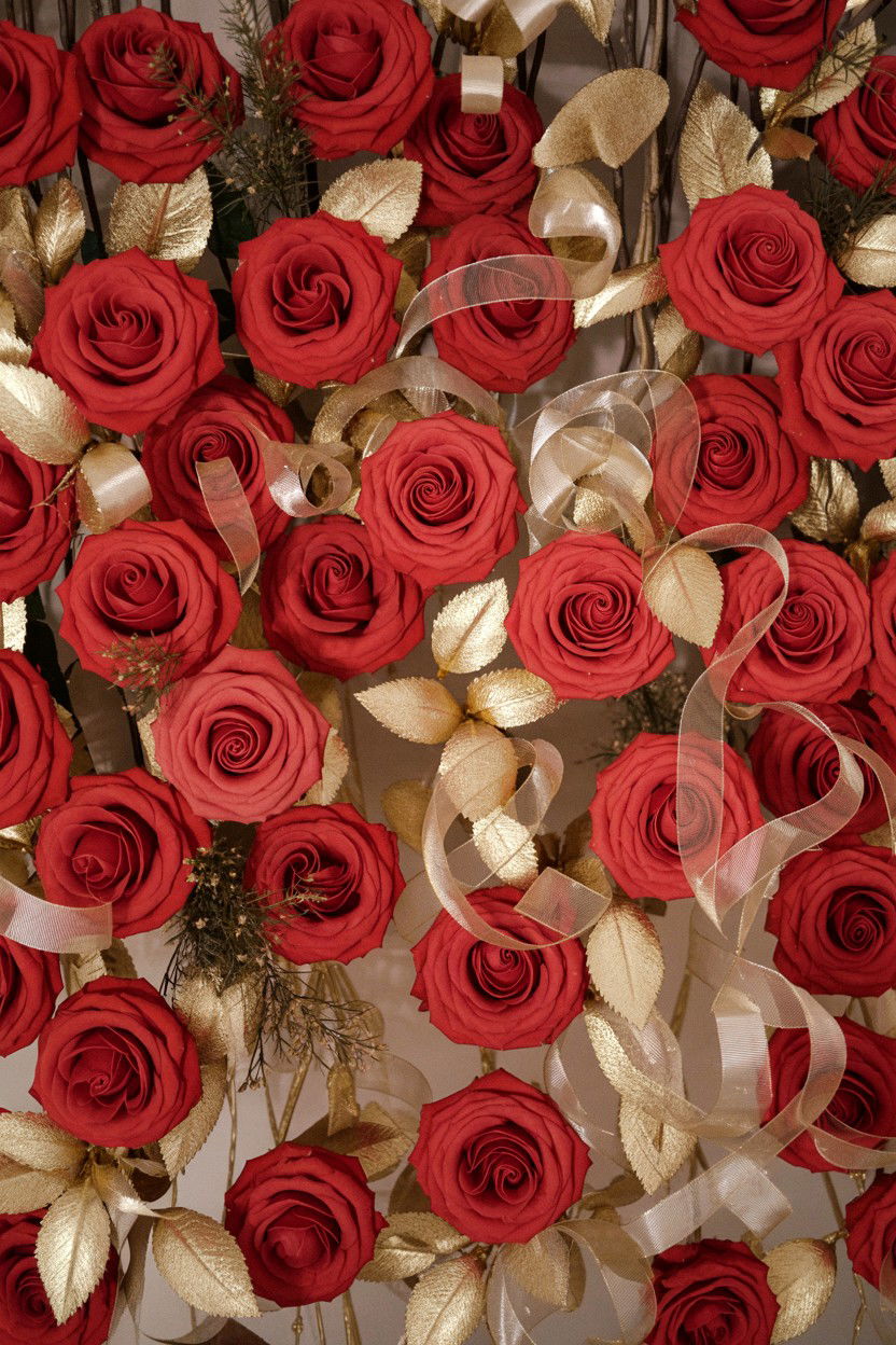 Red gold flower wall - 25 Valentine's Day Flower Wall Ideas