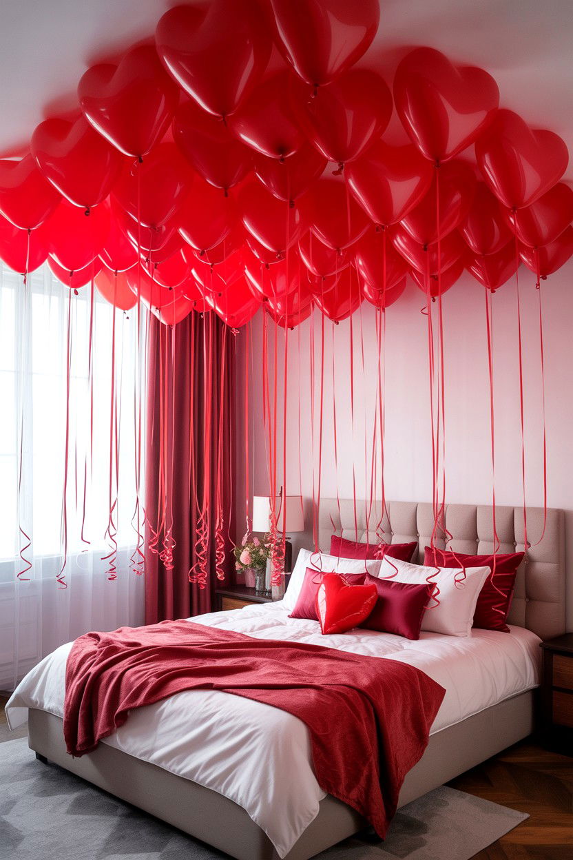 Red heart balloon ceiling - 25 Valentine's Day Red Balloon Ideas